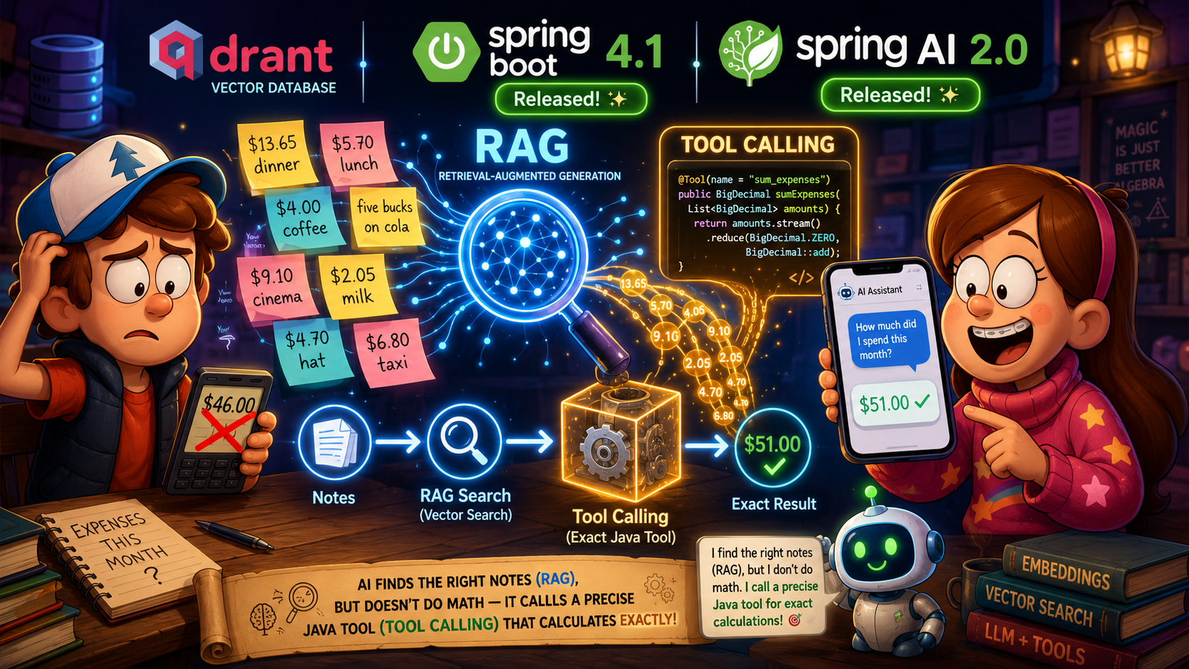 Learn how to build an intelligent note-taking application using RAG (Retrieval-Augmented Generation) with Spring Boot 4.1, Spring AI 2.0, and Qdrant vector database. Includes Tool Calling for accurate expense calculations.